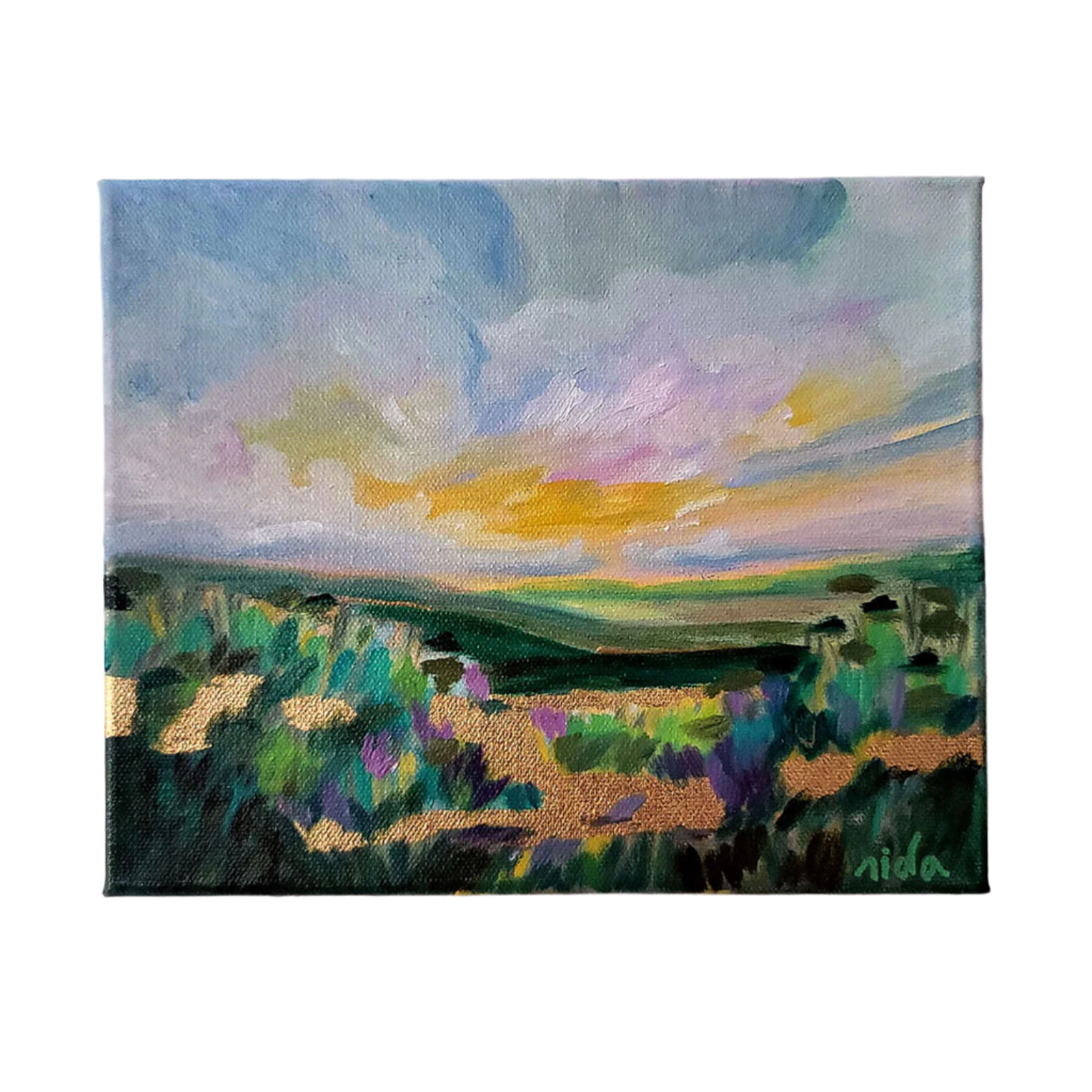 Painting of a landscape with a colorful sky and fields.